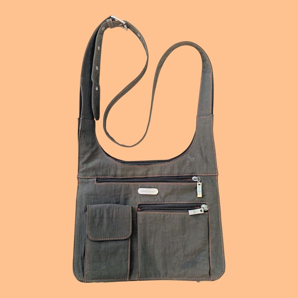 Eddie Bauer Nylon Crossbody Bag Army Green Multi-Pocket Travel Purse 11"x9"